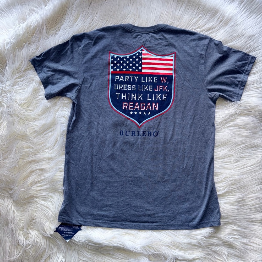 BURLEBO Party Like W Dress Like JKF Think Like Reagan Heather Blue Graphic Tee